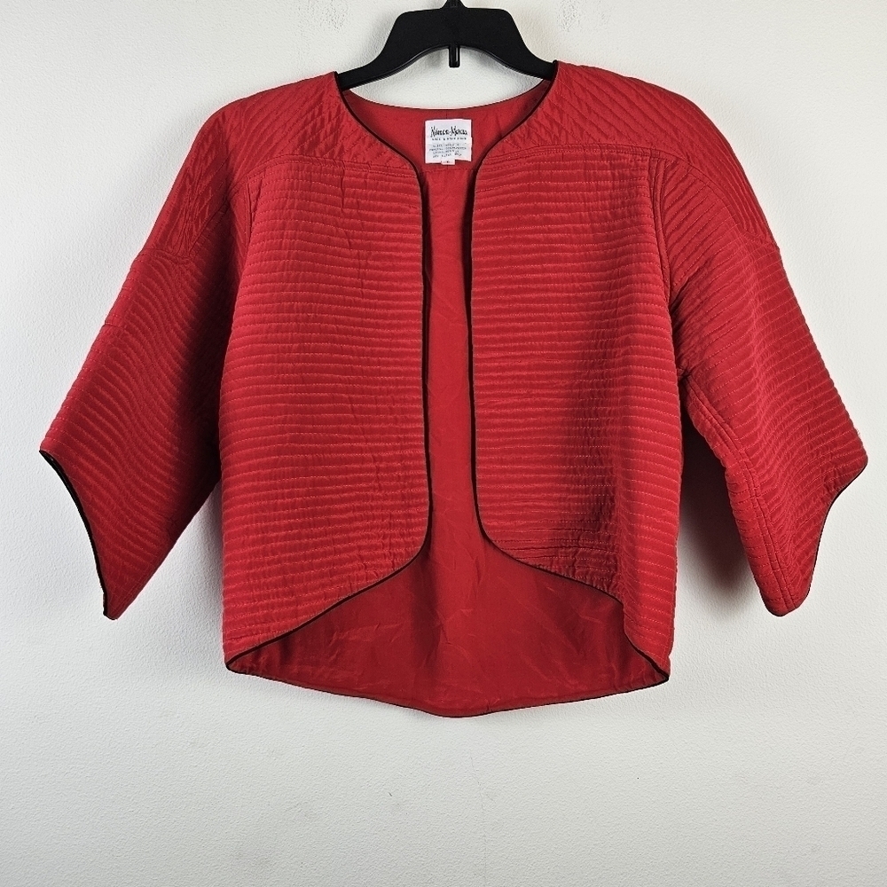 Neiman Marcus Red Quilted Open-Front Jacket with Black Trim